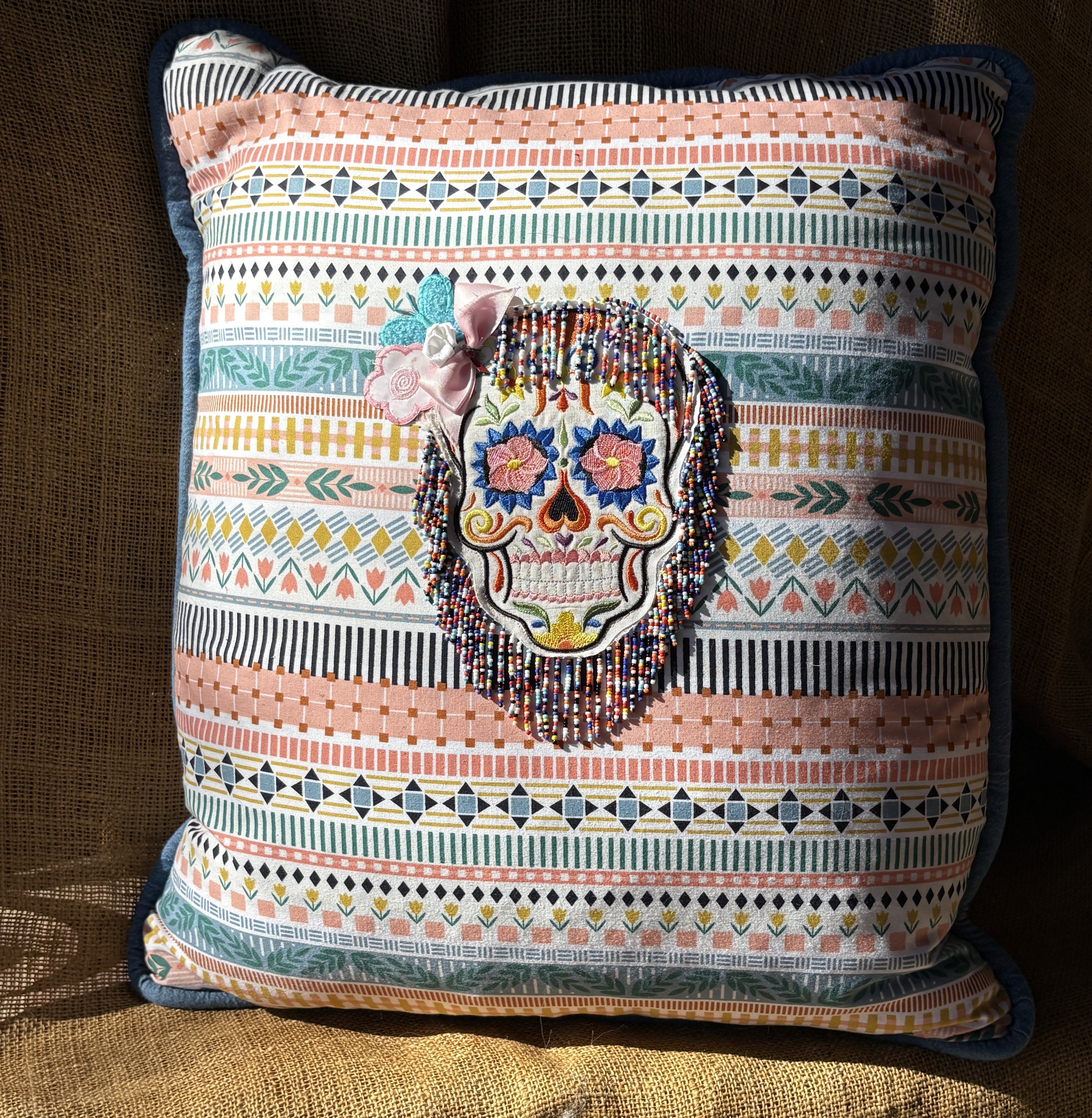 Embroidered Skull Pillow with Beads and Bows