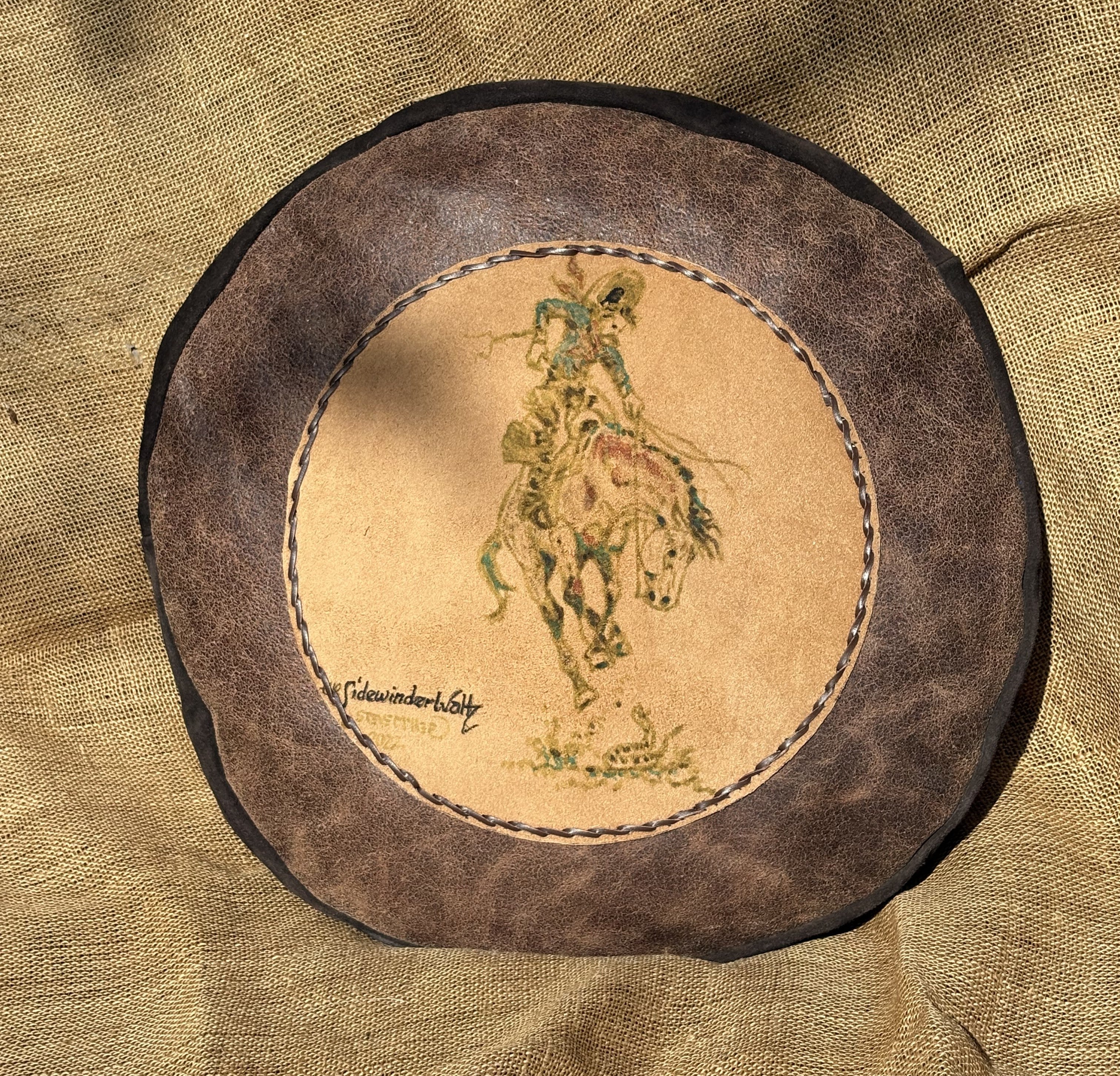 Round Leather Pillow with Hand Painted Original Artwork