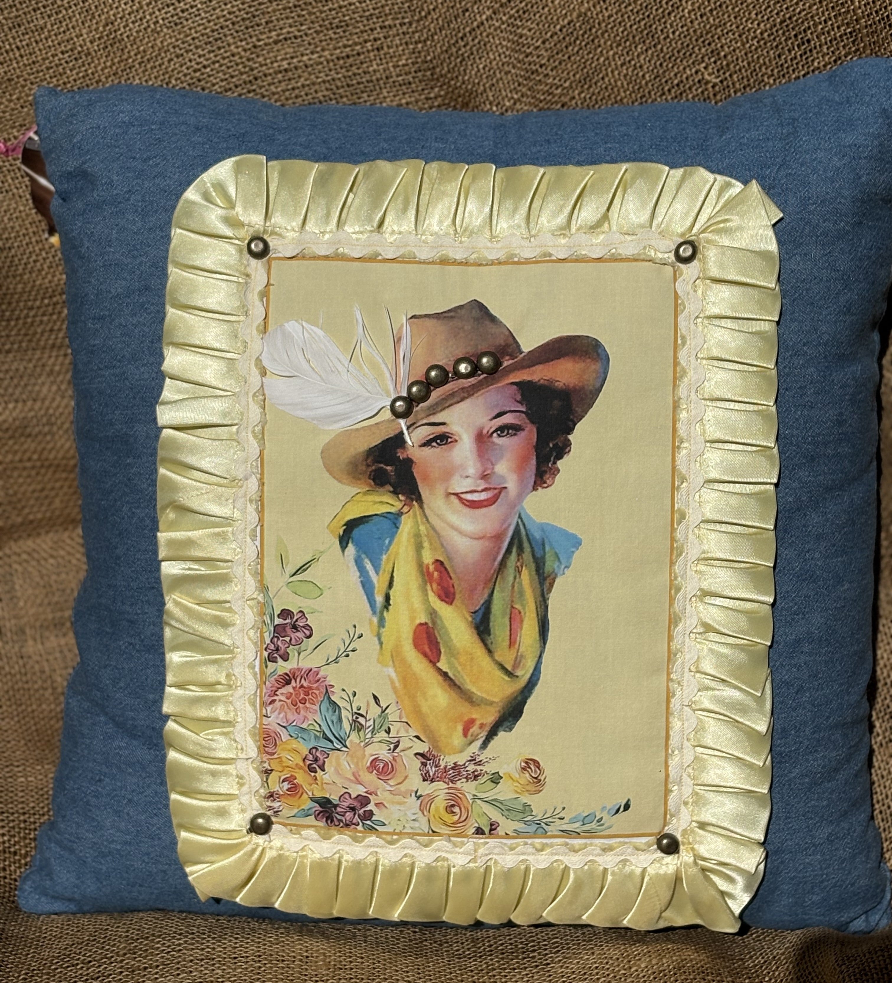 Denim Pillow with Whoopie Girl Pin-up