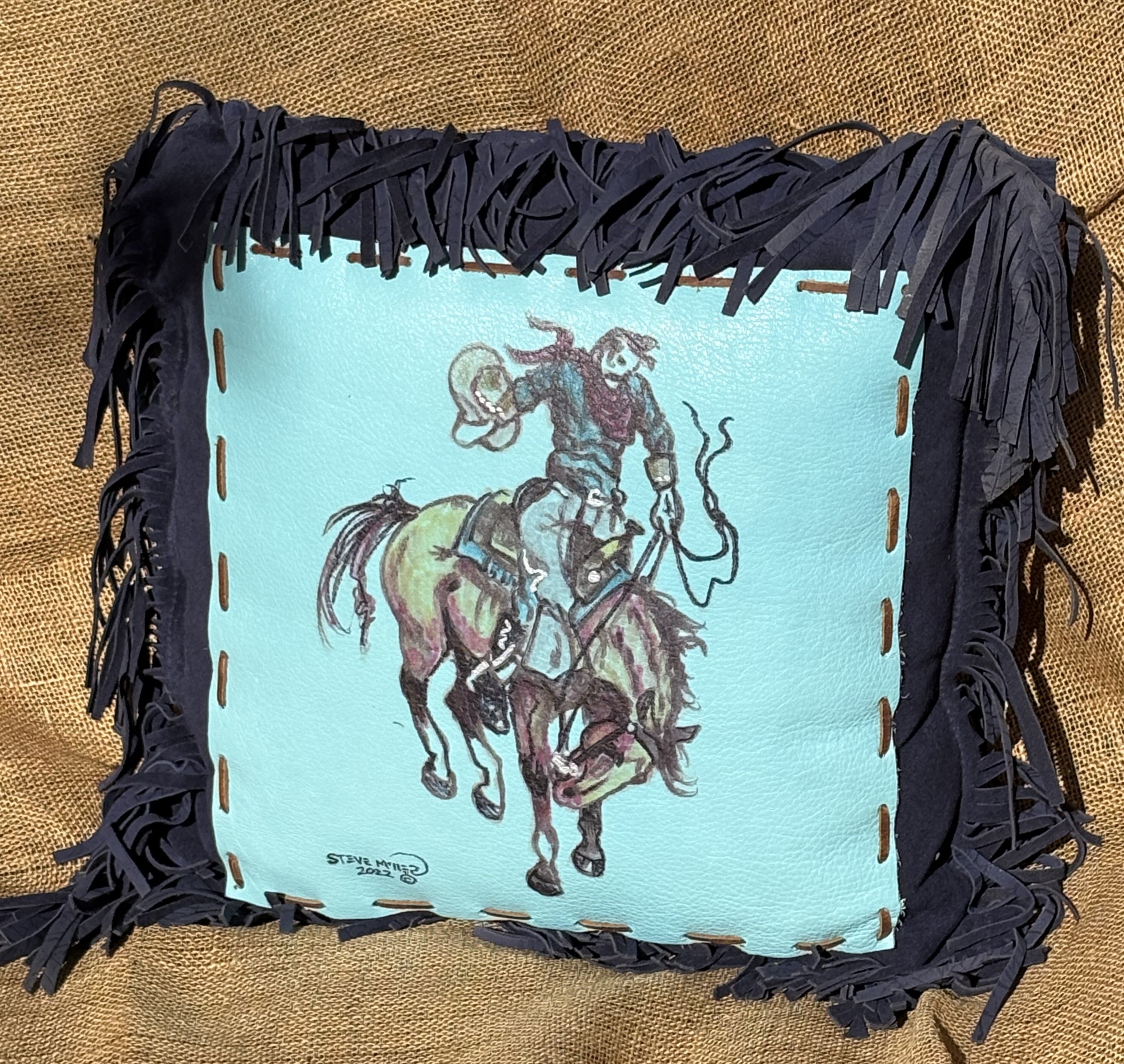 Navy Suede Pillow with Hand Painted Bronc and Hand Lace