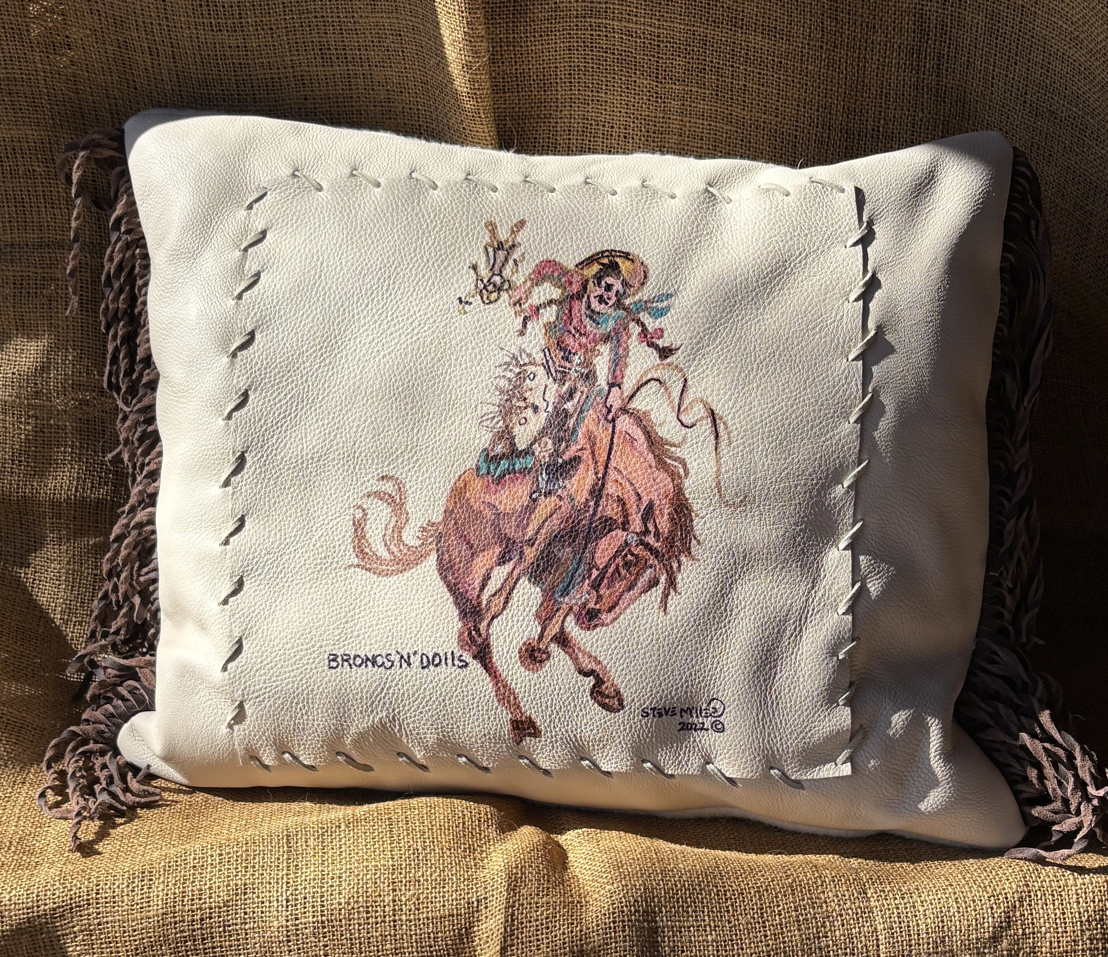 Pebble Grain Genuine Leather Whip Laced Bronc'N'Dolls Pillow