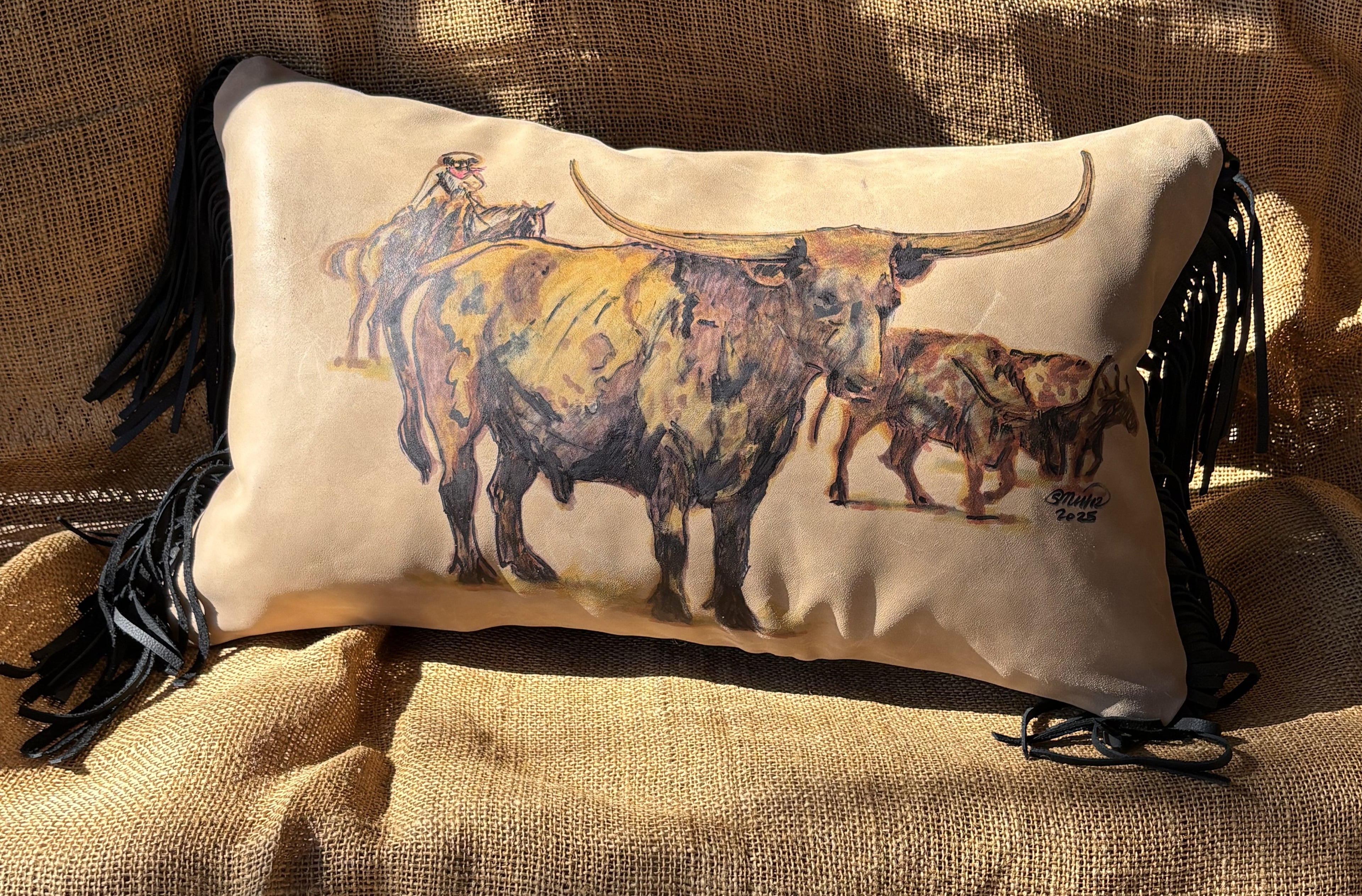 Leather Lumbar Pillow with Hand Painted Longhorn