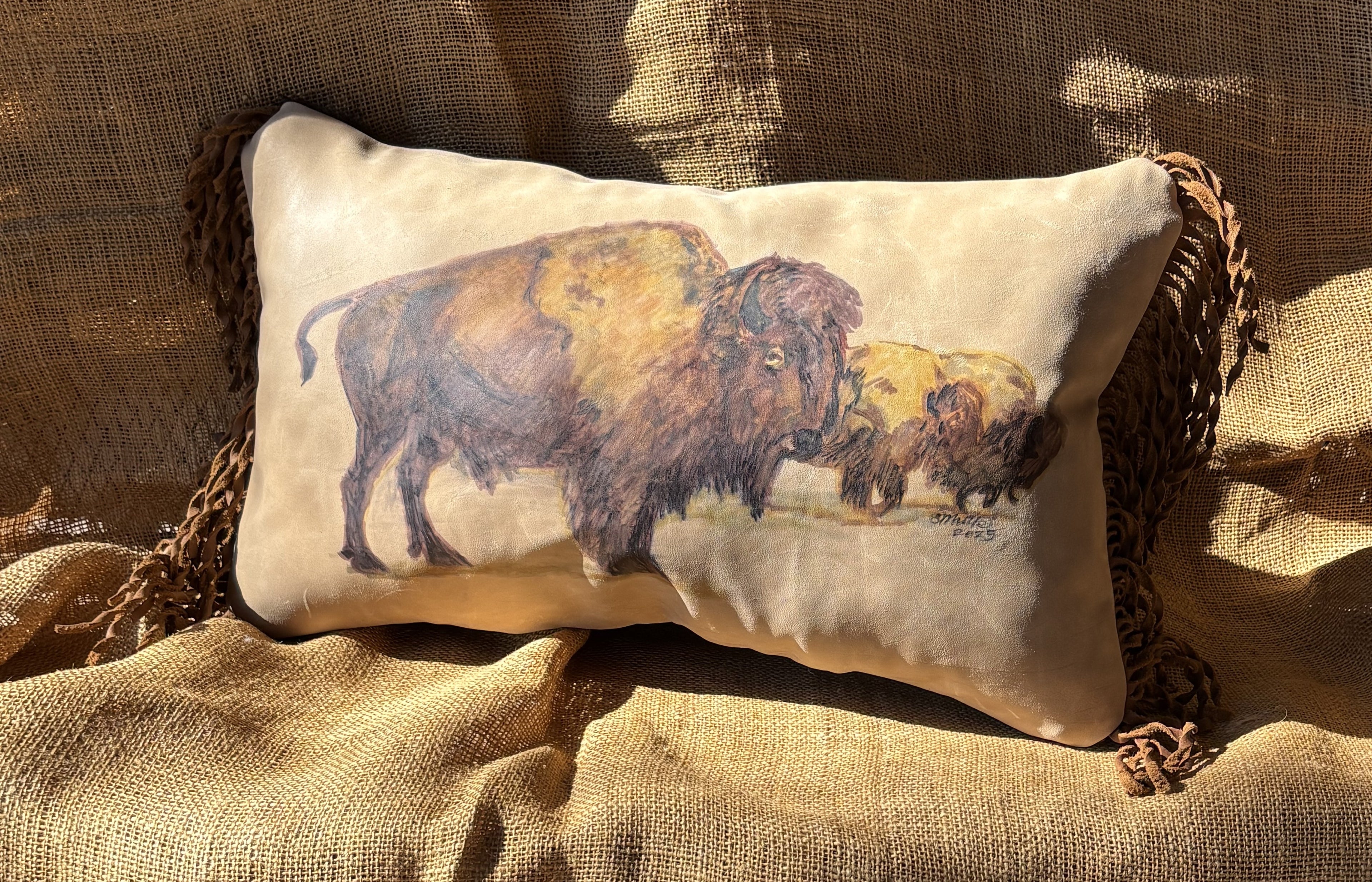 Leather Lumbar Pillow with Hand Painted Bison