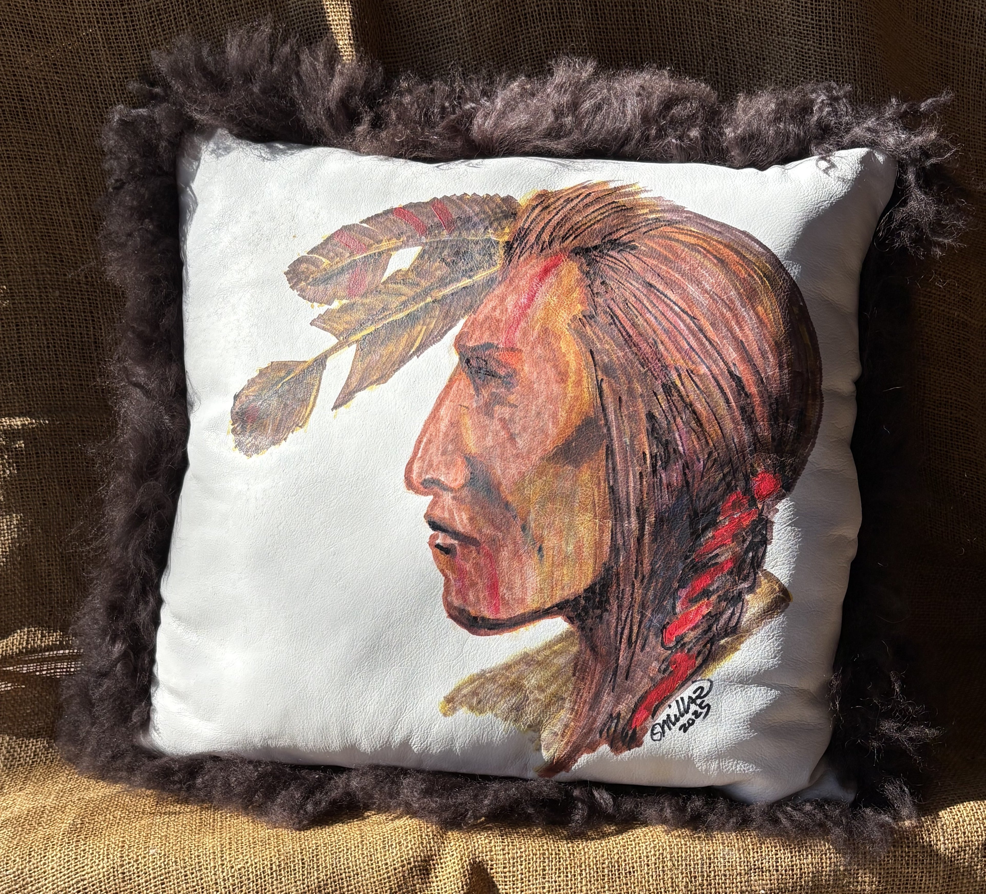 White Leather Pillow with Hand Painted Warrior